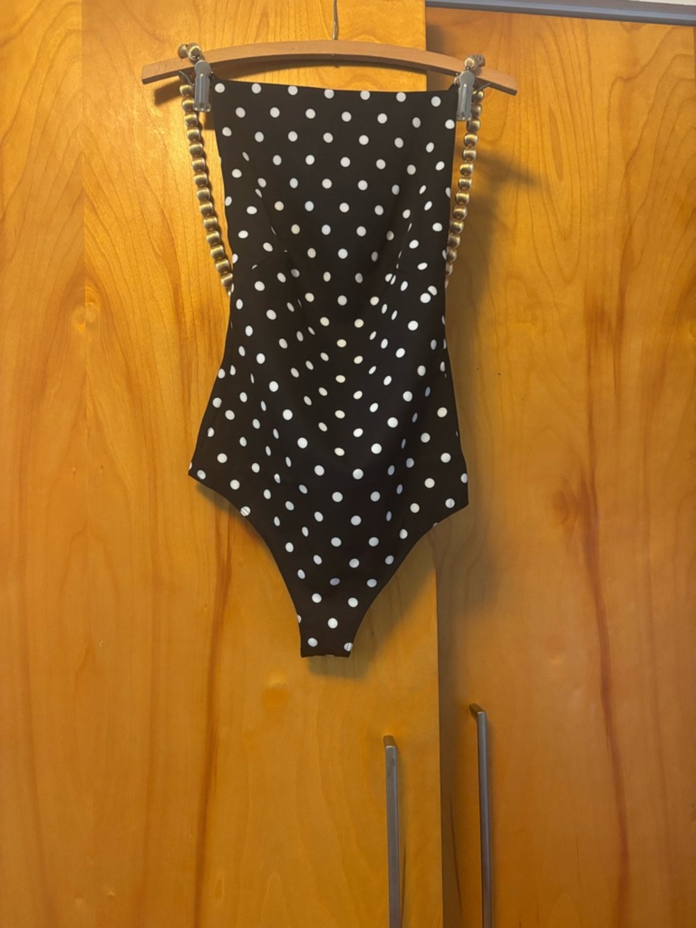 Women’s Black and White Polka Dot Bodysuit with Gold Beaded Straps - NWT
